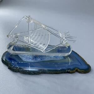 Agate Stone W/ Blown Art Glass Viking Ship Boat Cute Small Figurine Rare Unique